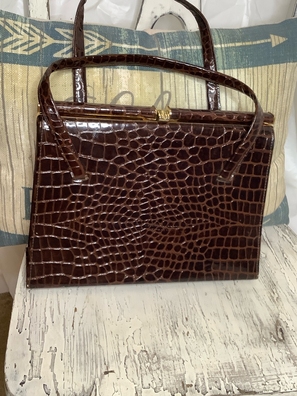 Vintage Jordan Marsh Company Classic Croc-Embossed Top-Handle Bag in Dark Brown